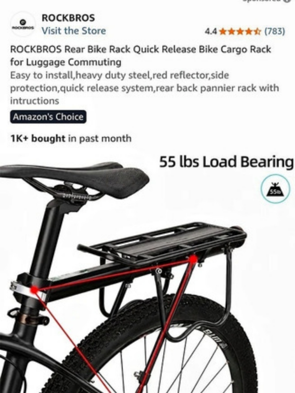 ROCKBROS Rear Bike Rack Quick Release Bike Cargo Rack Black - Picture 4 of 5